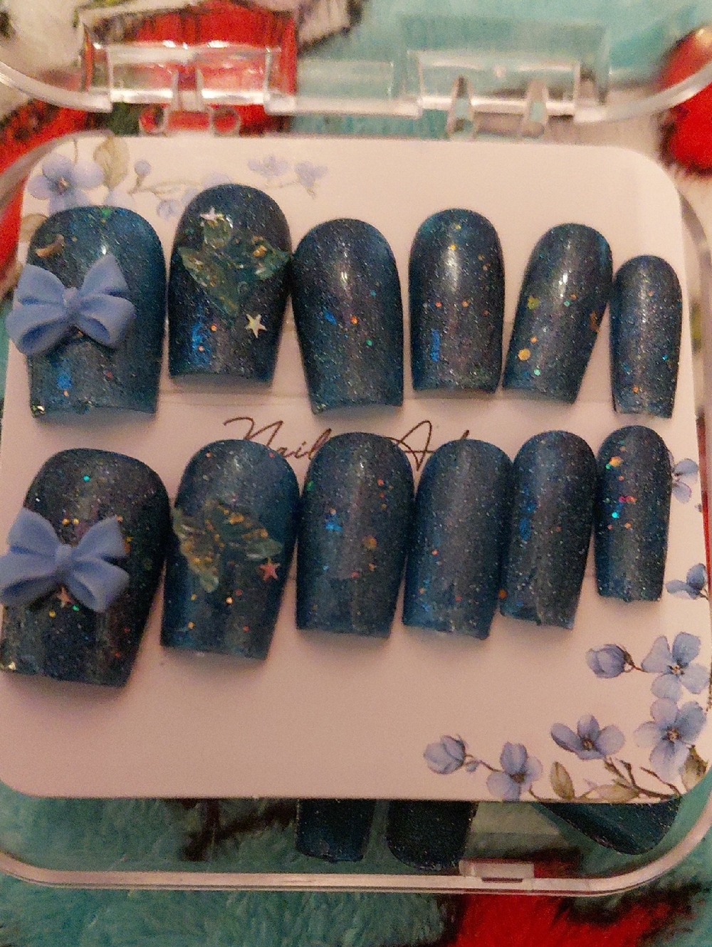Sparkling Teal Blue Press-On Nail Set with 3D Bows